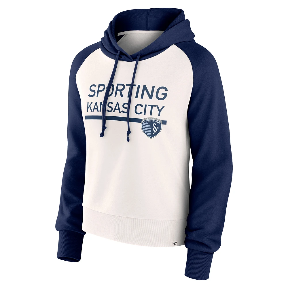 Women's Fanatics White Sporting Kansas City Free Kick Fleece Raglan Pullover Hoodie