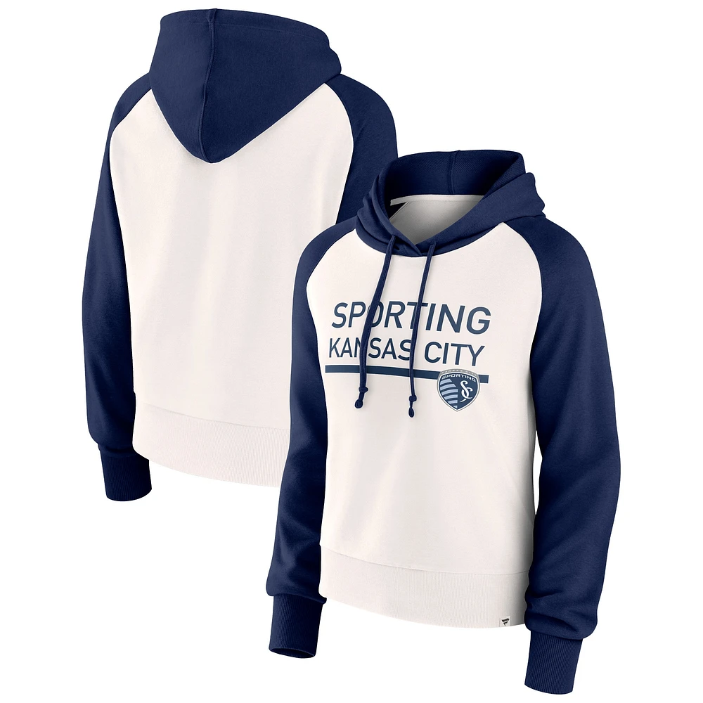 Women's Fanatics White Sporting Kansas City Free Kick Fleece Raglan Pullover Hoodie