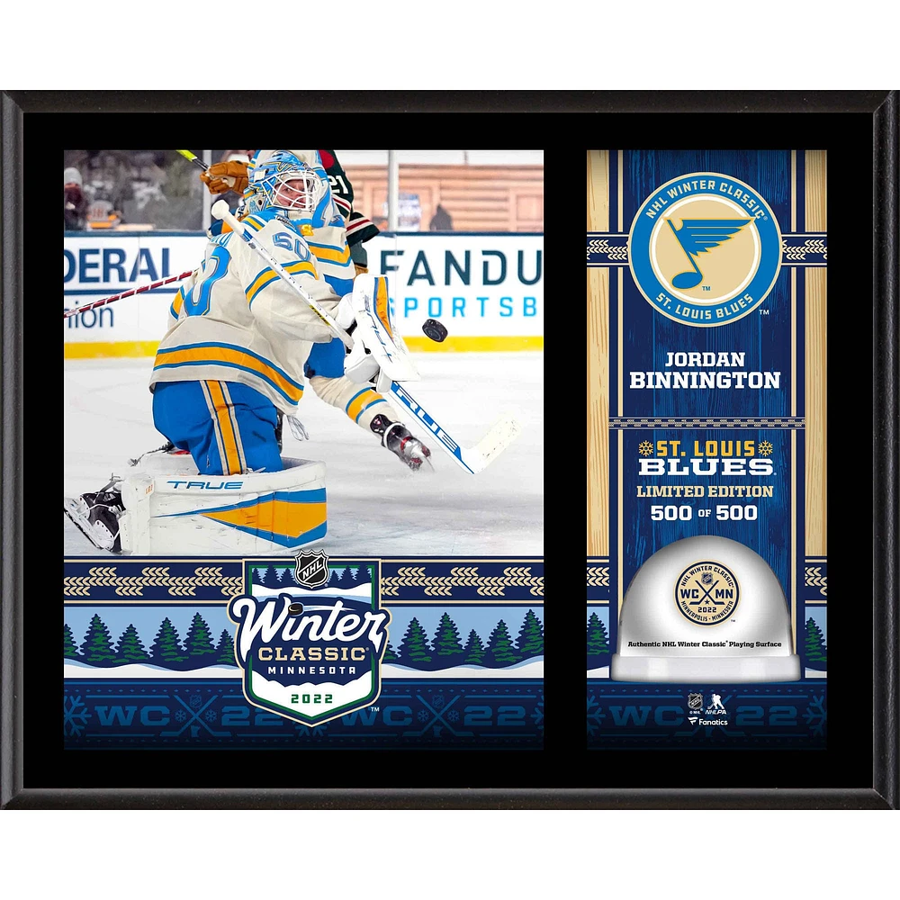 Jordan Binnington St. Louis Blues 2022 Winter Classic 12" x 15" Sublimated Plaque with Game-Used Ice