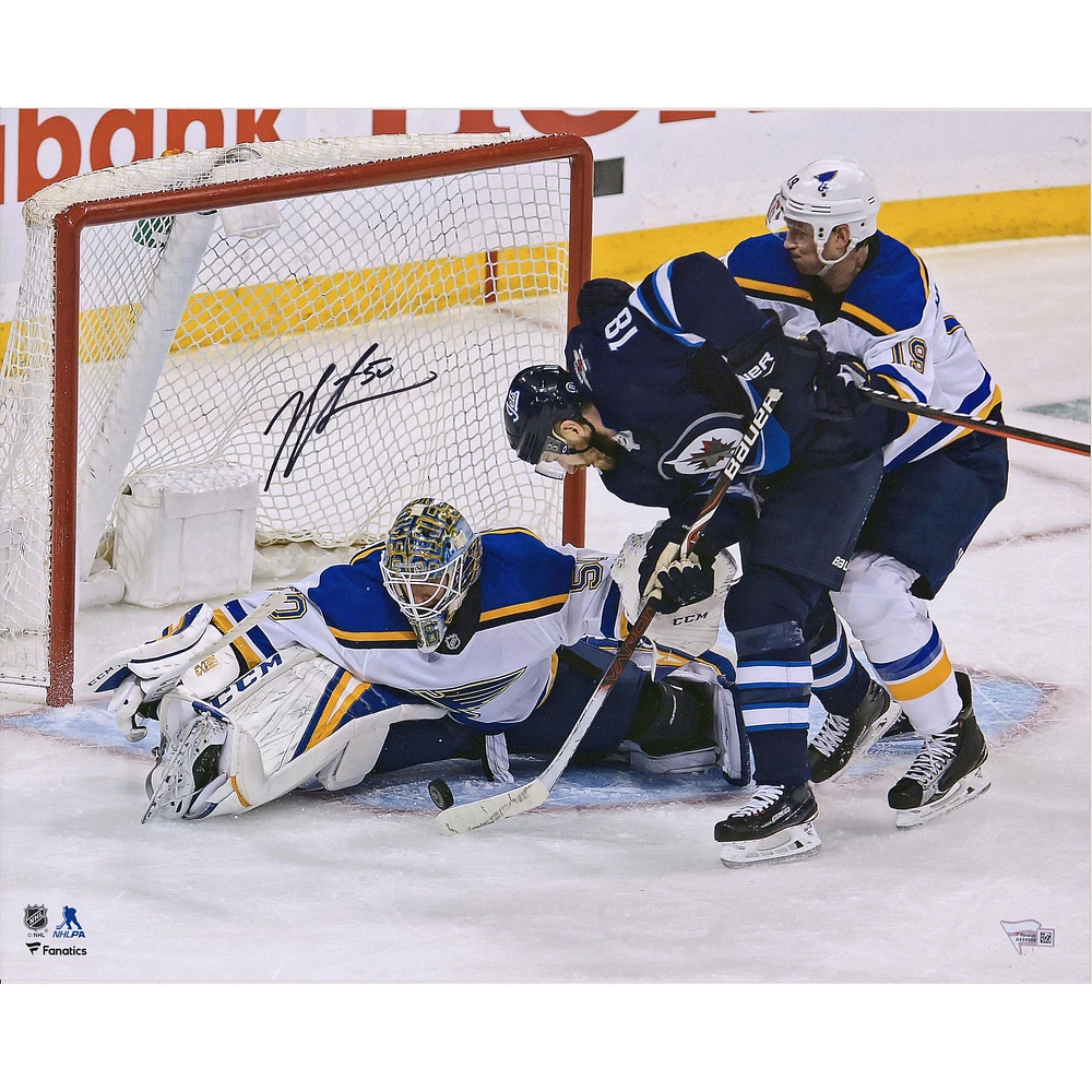 Jordan Binnington St. Louis Blues Autographed 16" x 20" 2019 Stanley Cup Playoffs Game 1 Game-Preserving Save vs. Winnipeg Photograph