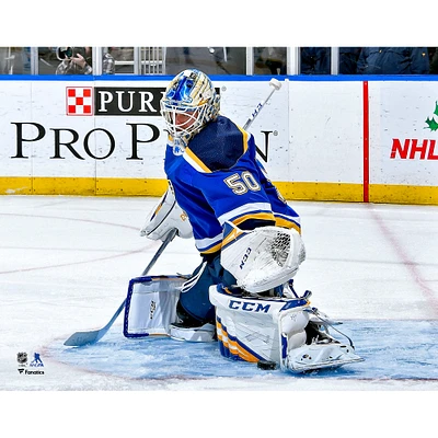 Jordan Binnington St. Louis Blues Unsigned Blue Jersey Pad Save Photograph