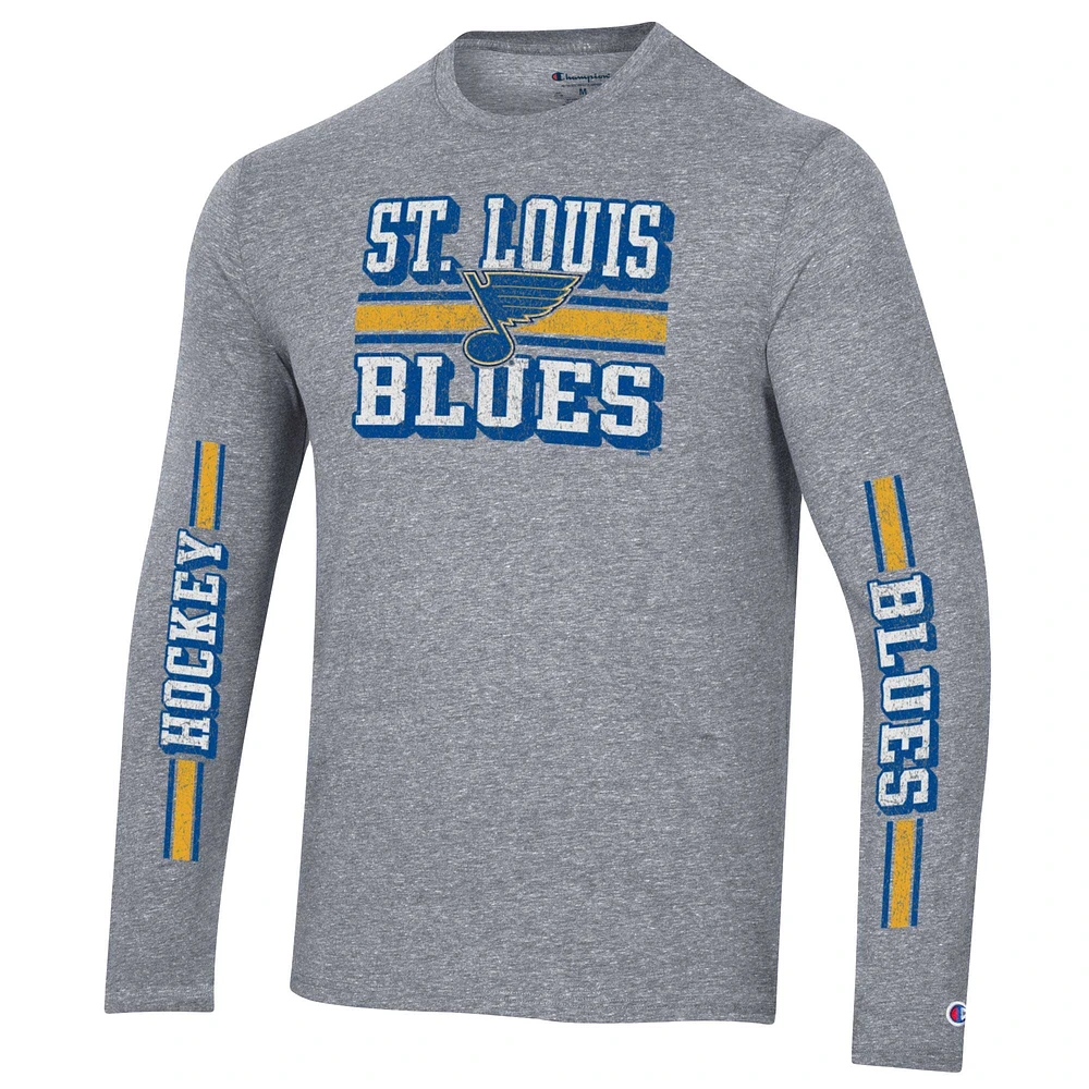 Men's Champion Heather Gray St. Louis Blues Tri-Blend Dual-Stripe Long Sleeve T-Shirt