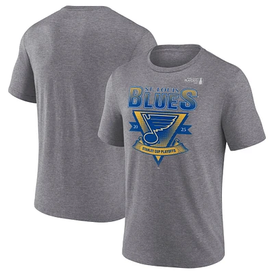 T-shirt tri-blend Fanatics Heather Charcoal pour homme des Blues de St. Louis, éliminatoires la Coupe Stanley 2025, avec barre transversale