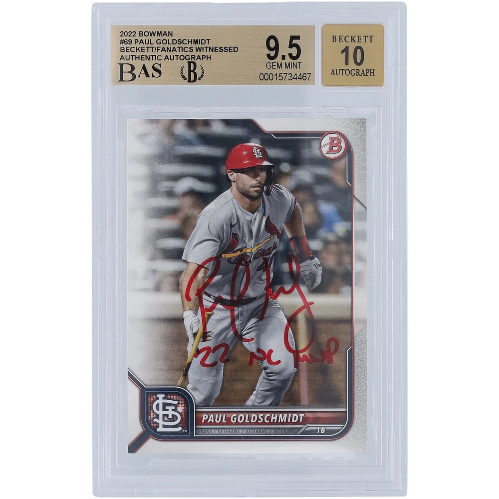 Paul Goldschmidt St. Louis Cardinals Autographié 2022 Bowman Series 1 #69 Beckett Fanatics Witnessed Authenticated 9.5/10 Card avec l'inscription "22 NL MVP"