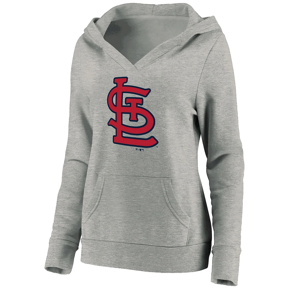 Women's Fanatics Heathered Gray St. Louis Cardinals Official Logo Crossover V-Neck Pullover Hoodie