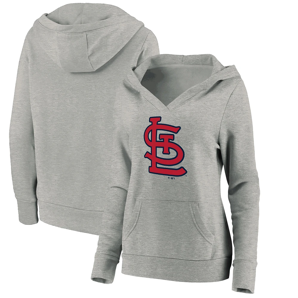 Women's Fanatics Heathered Gray St. Louis Cardinals Official Logo Crossover V-Neck Pullover Hoodie