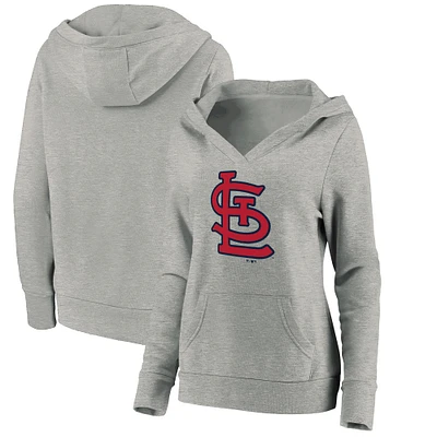 Women's Fanatics Heathered Gray St. Louis Cardinals Official Logo Crossover V-Neck Pullover Hoodie