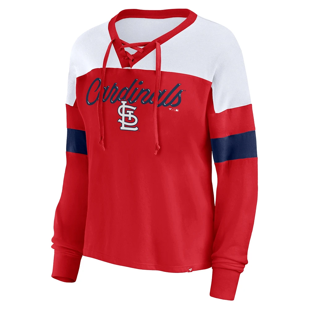 Women's Fanatics Red/White St. Louis Cardinals Even Match Lace-Up Long Sleeve V-Neck T-Shirt