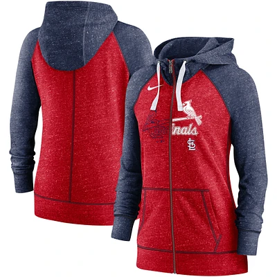 Sweat à capuche léger entièrement zippé Nike Heather Rouge/Heather Navy St. Louis Cardinals Split Wordmark Gym Vintage Raglan pour femme