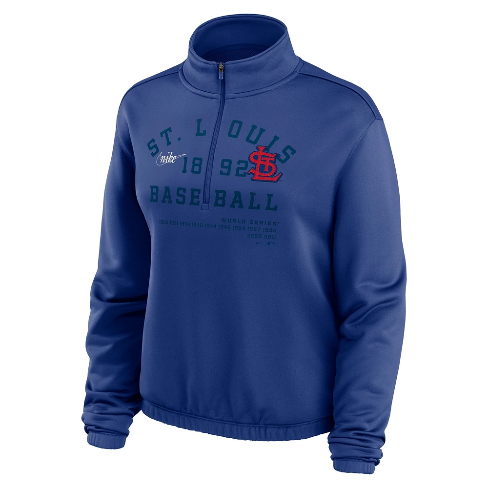 Sweat-shirt semi-court à demi-zip et ourlet bulle Nike Royal St. Louis Cardinals Rewind Splice pour femme