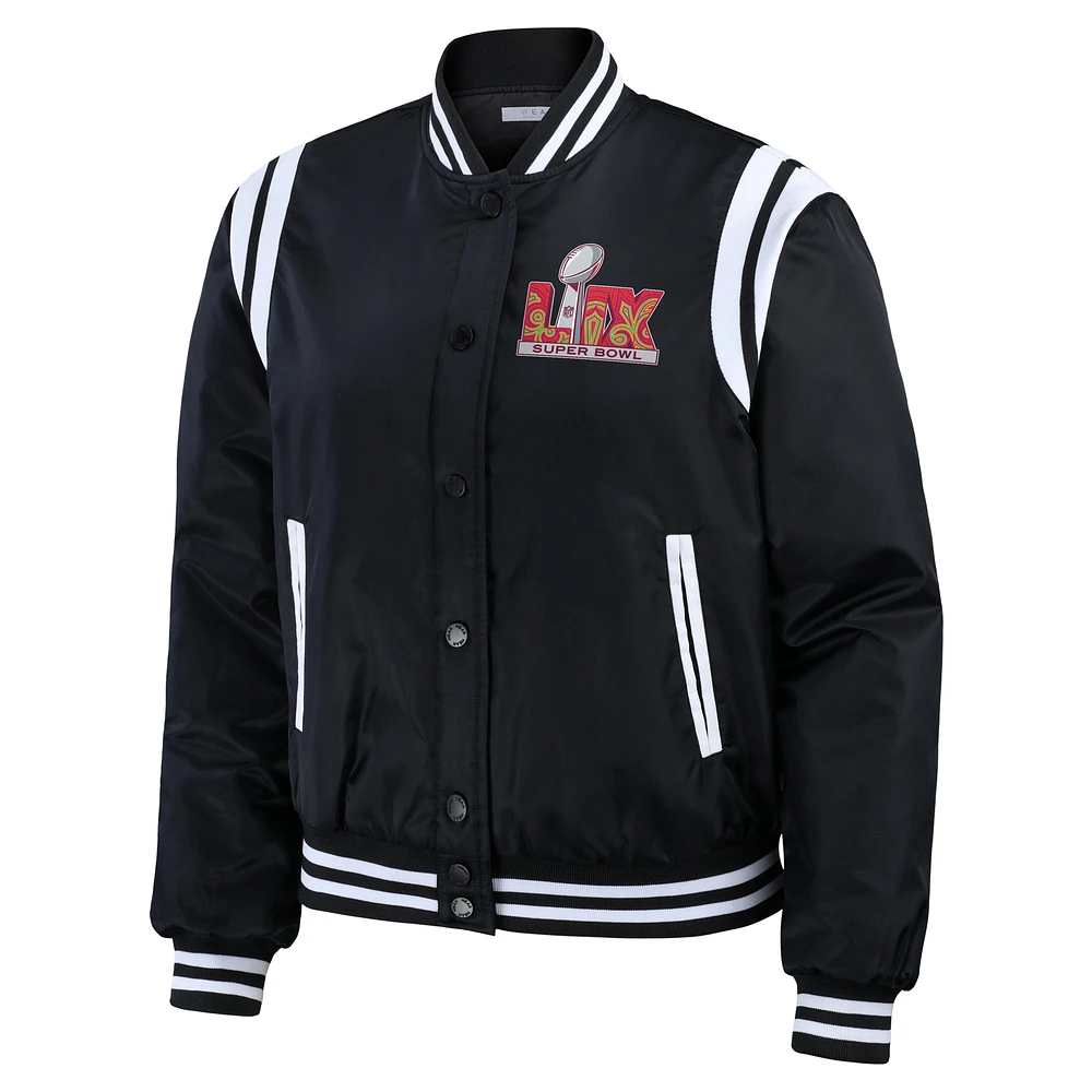 Women's WEAR by Erin Andrews Black Super Bowl LIX Varsity Bomber Jacket