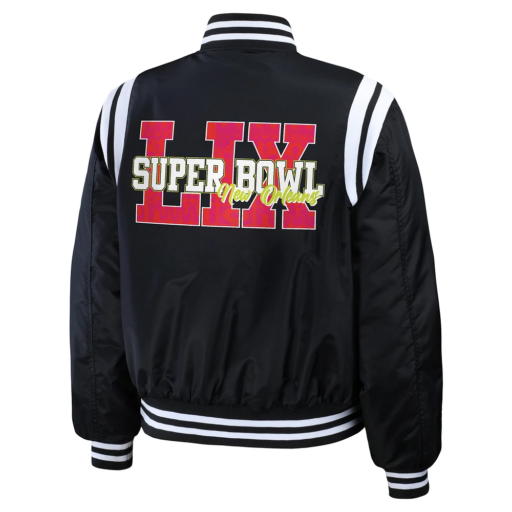 Women's WEAR by Erin Andrews Black Super Bowl LIX Varsity Bomber Jacket