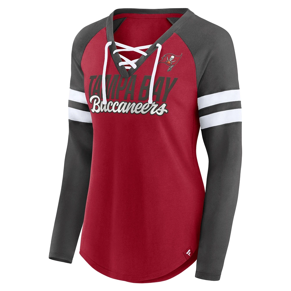 Women's Fanatics Red/Pewter Tampa Bay Buccaneers Iconic Raglan Lace-Up V-Neck Long Sleeve T-Shirt