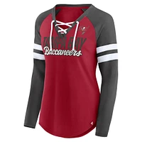 Women's Fanatics Red/Pewter Tampa Bay Buccaneers Iconic Raglan Lace-Up V-Neck Long Sleeve T-Shirt