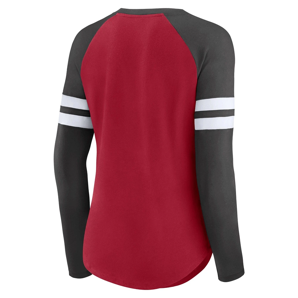 Women's Fanatics Red/Pewter Tampa Bay Buccaneers Iconic Raglan Lace-Up V-Neck Long Sleeve T-Shirt