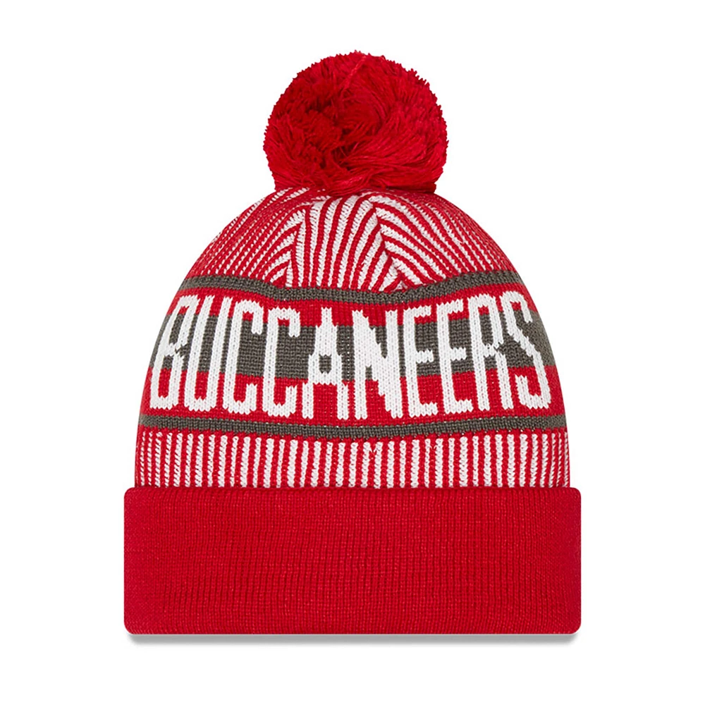 Youth New Era Red Tampa Bay Buccaneers Striped Cuffed Knit Hat with Pom
