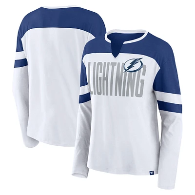 T-shirt à manches longues et col cranté pour femme Fanatics Tampa Bay Lightning blanc/bleu Frozen