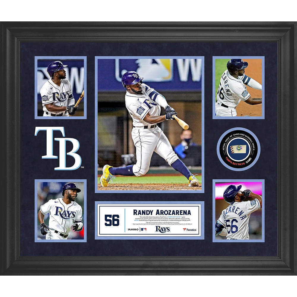Collage encadré de 5 photos de Randy Arozarena des Tampa Bay Rays avec un morceau de ballon utilisé lors du match