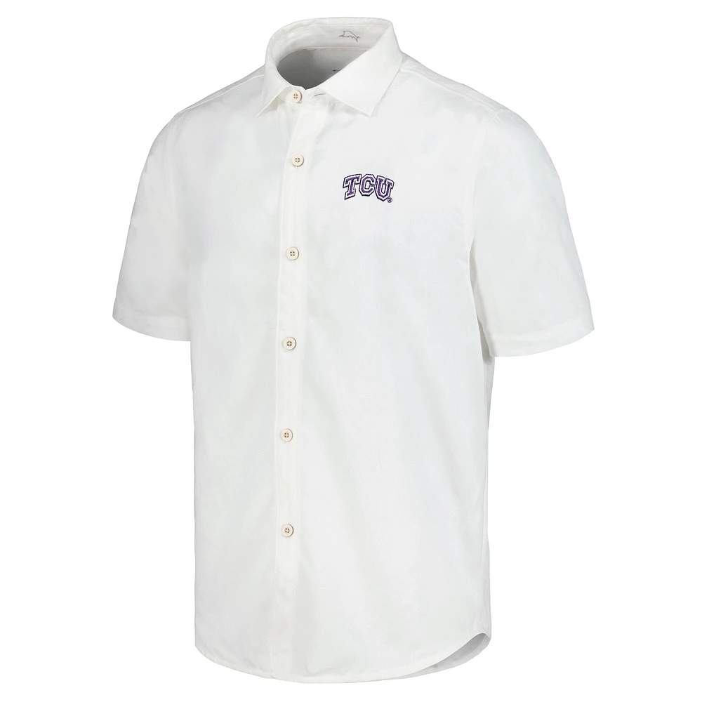 Men's Tommy Bahama White TCU Horned Frogs Coconut Point Palm Vista IslandZone Camp Button-Up Shirt