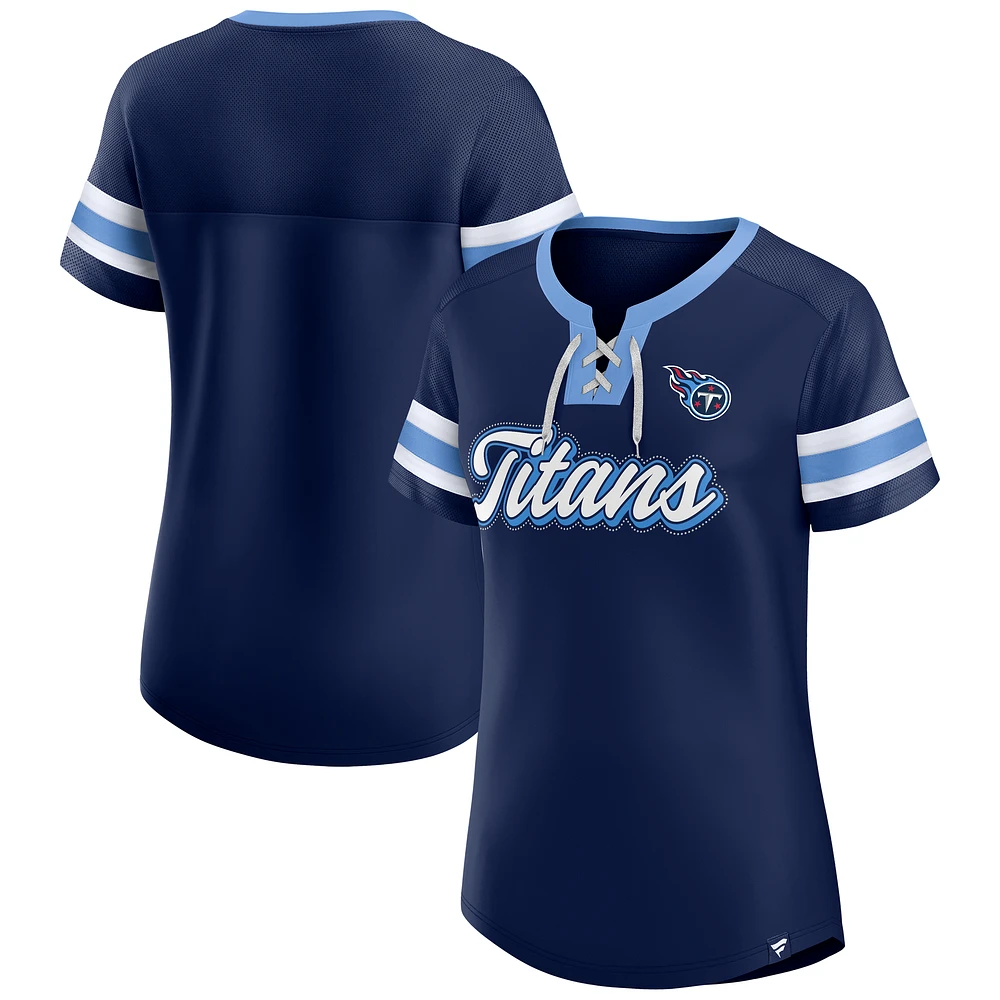 Women's Fanatics  Navy Tennessee Titans True Catch Iconic Rhinestone Bling Athena Lace-Up T-Shirt