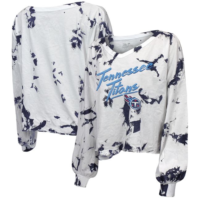 T-shirt à manches longues et col en V pour femme Majestic Threads blanc/bleu marine Tennessee Titans