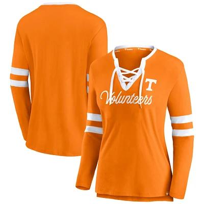 T-shirt à manches longues et col en V lacets pour femmes Fanatics Tennessee Orange Volunteers Block Party Script
