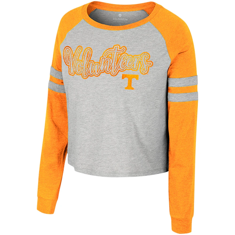 Women's Colosseum Heather Gray Tennessee Volunteers I'm Gliding Here Raglan Long Sleeve Cropped T-Shirt