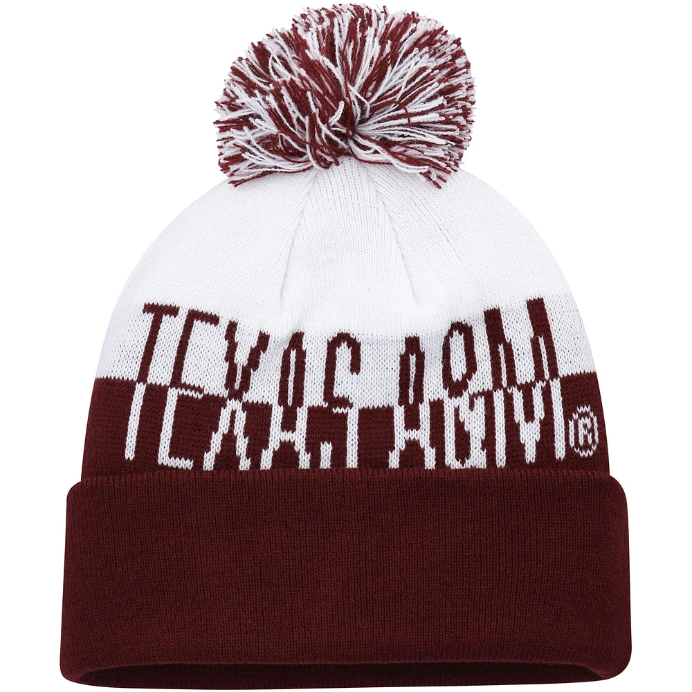 Bonnet en tricot à revers avec pompons adidas Texas A&M Aggies Colorblock pour homme, marron/blanc