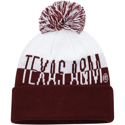 Bonnet en tricot à revers avec pompons adidas Texas A&M Aggies Colorblock pour homme, marron/blanc