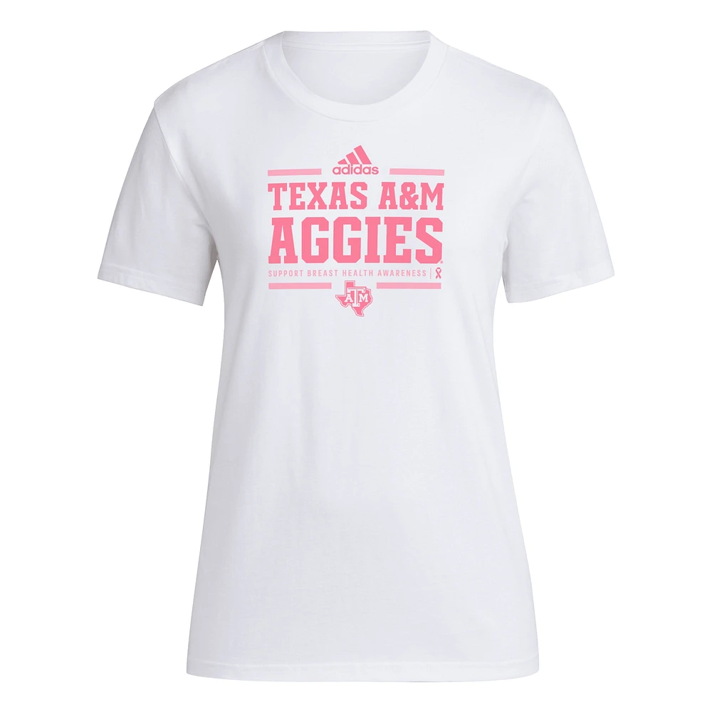 Women's adidas White Texas A&M Aggies 2024 Breast Cancer Awareness Pregame T-Shirt
