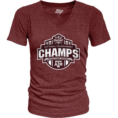 T-shirt col V bleu 84 marron Texas A&M Aggies pour femme, champion du tournoi de softball la SEC 2025, vestiaire