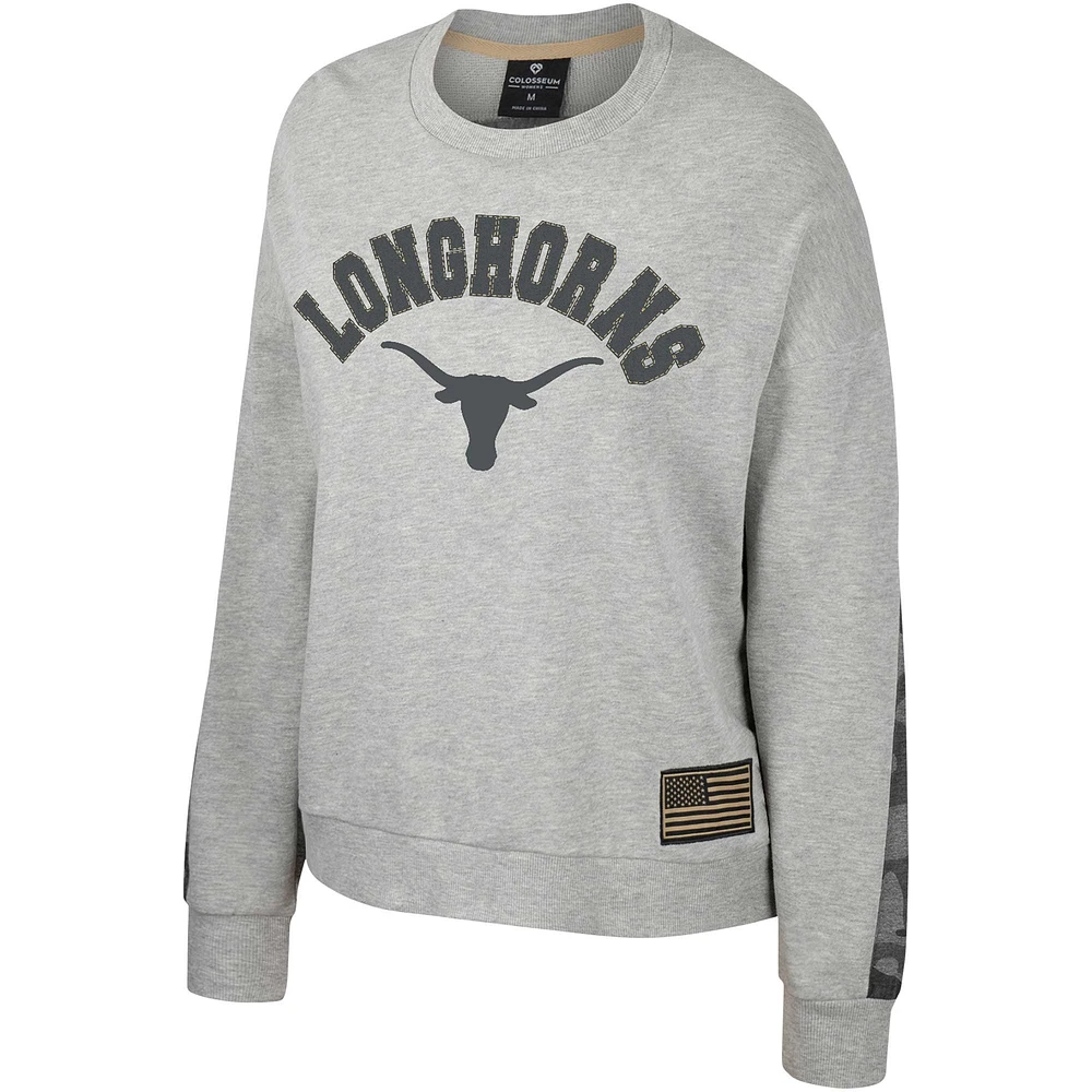 Women's Colosseum Heather Gray Texas Longhorns OHT Military Appreciation Flag Rank Dolman Pullover Sweatshirt