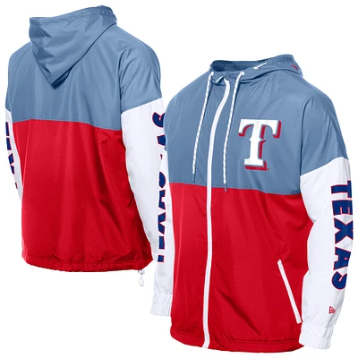 Coupe-vent à capuche entièrement zippé et color block Texas Rangers New Era pour homme, rouge/bleu clair