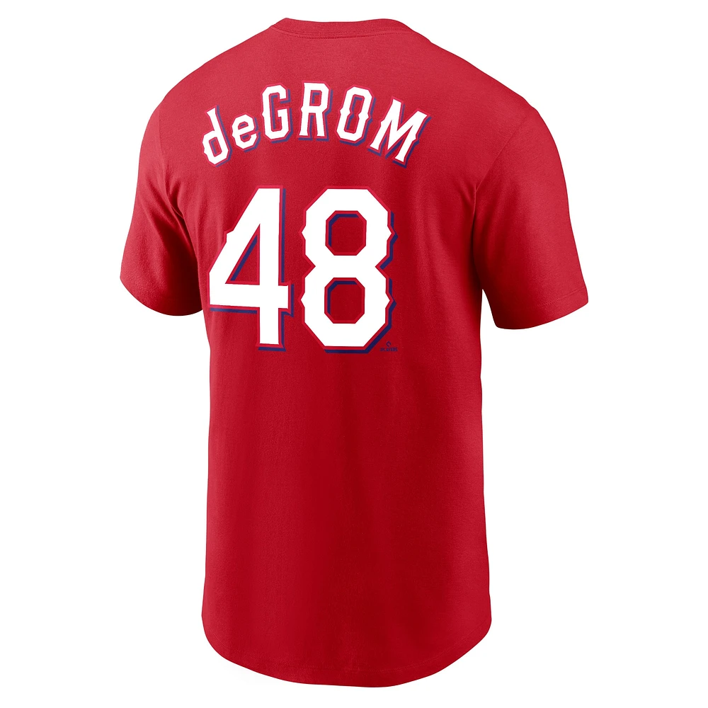 T-shirt avec nom et numéro des Texas Rangers Nike Jacob deGrom rouge pour homme
