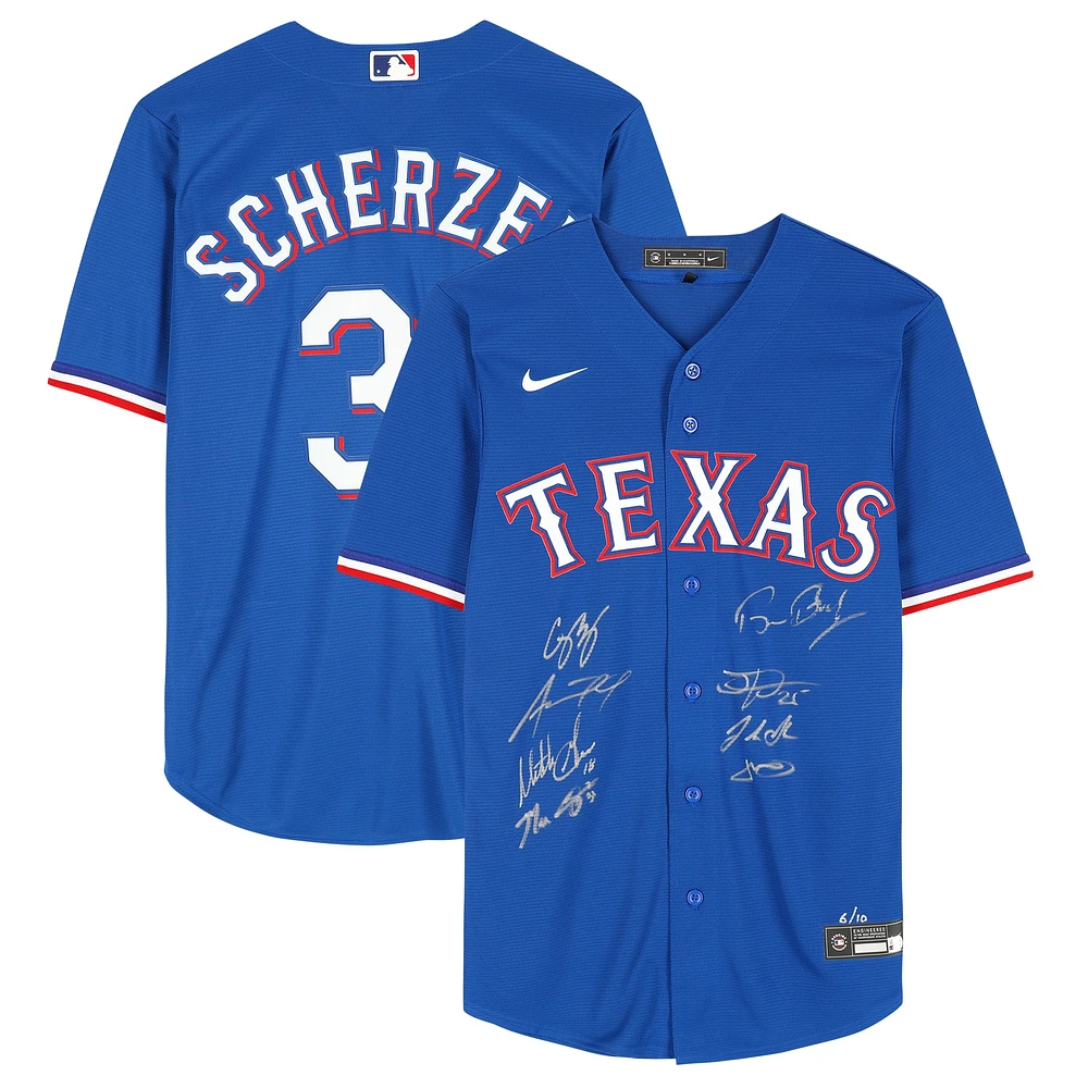 Texas Rangers 2023 MLB World Series Champions Multi-Signed Blue Nike Max Scherzer Jersey with 8 Signatures including Corey Seager, Adolis Garcia & Max Scherzer - Limited Edition of 10