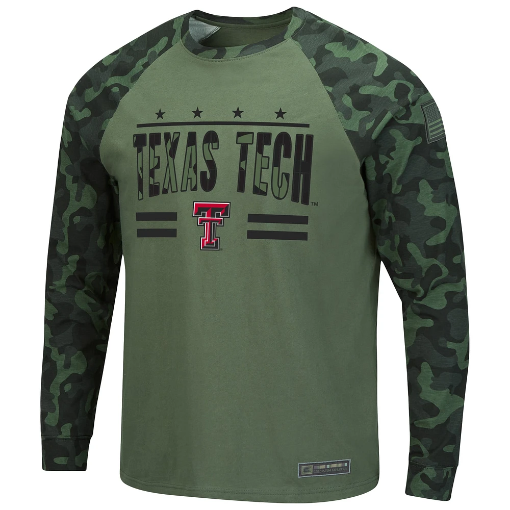 Men's Colosseum Olive/Camo Texas Tech Red Raiders OHT Military Appreciation Slim-Fit Raglan Long Sleeve T-Shirt