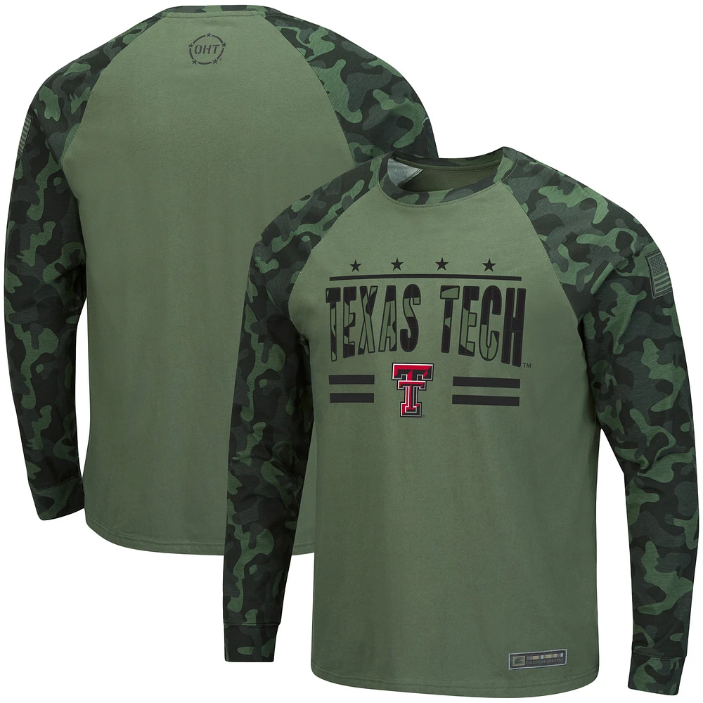 Men's Colosseum Olive/Camo Texas Tech Red Raiders OHT Military Appreciation Slim-Fit Raglan Long Sleeve T-Shirt