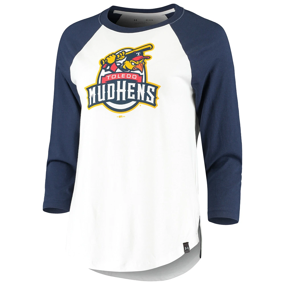 Women's Under Armour Navy/White Toledo Mud Hens Three-Quarter Sleeve Baseball T-Shirt