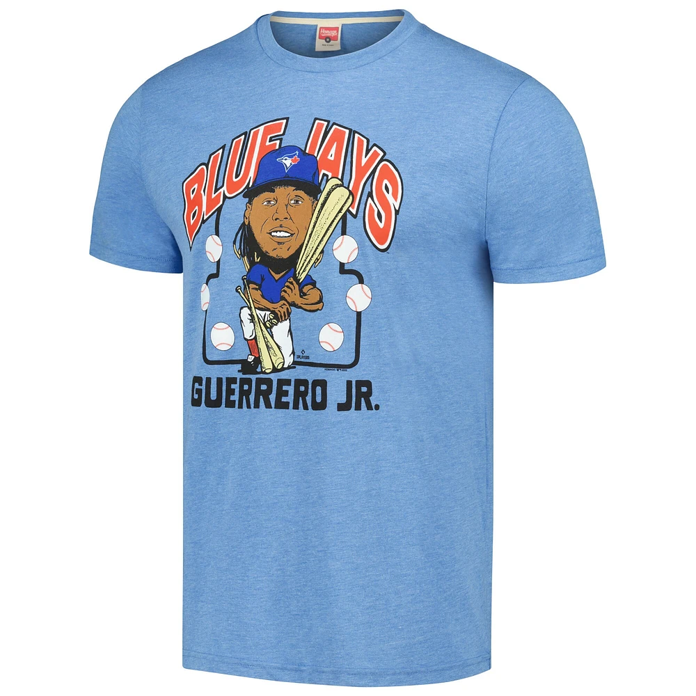 T-shirt triple mélange hommage aux hommes Vladimir Guerrero Jr., bleu poudre, caricature des Blue Jays de Toronto