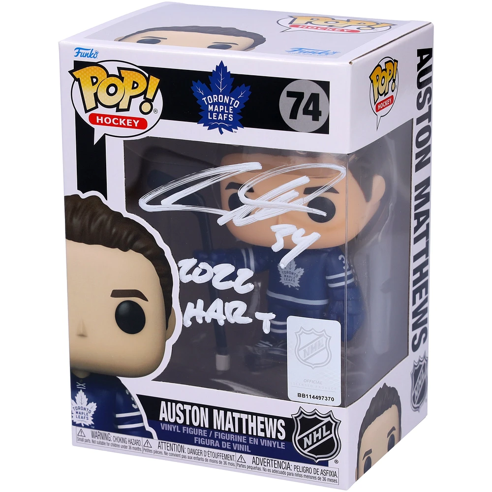 Figurine en vinyle Funko Pop! dédicacée par Auston Matthews des Maple Leafs de Toronto avec maillot bleu et inscription « 2022 Hart »