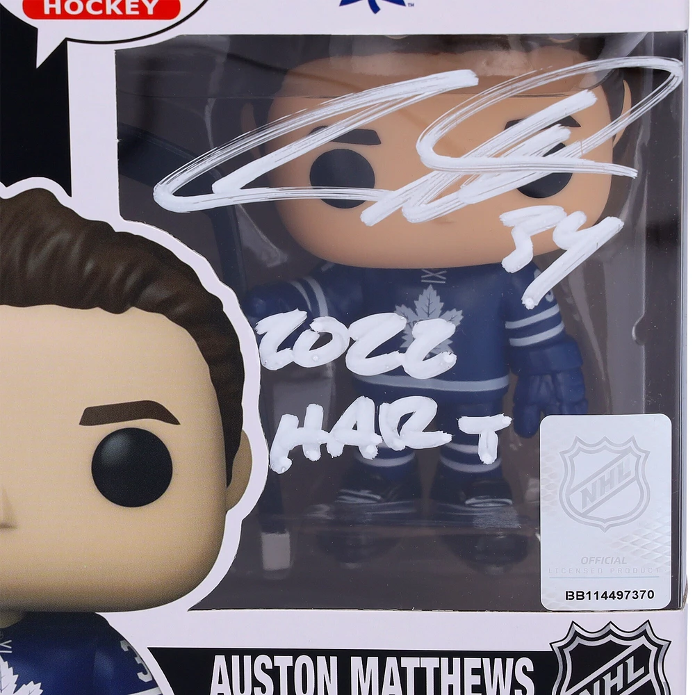 Figurine en vinyle Funko Pop! dédicacée par Auston Matthews des Maple Leafs de Toronto avec maillot bleu et inscription « 2022 Hart »