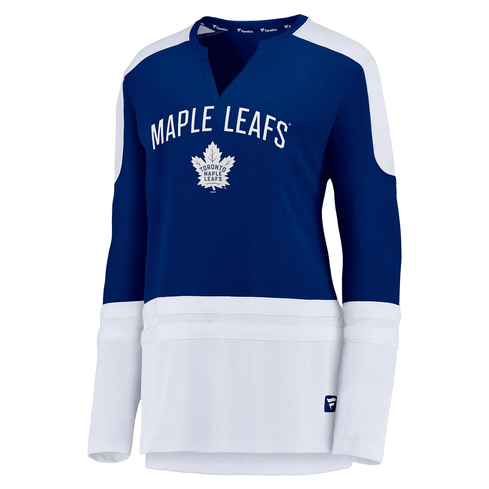 T-shirt à manches longues et col cranté Power Player bleu/blanc Auston Matthews pour femme des Maple Leafs de Toronto