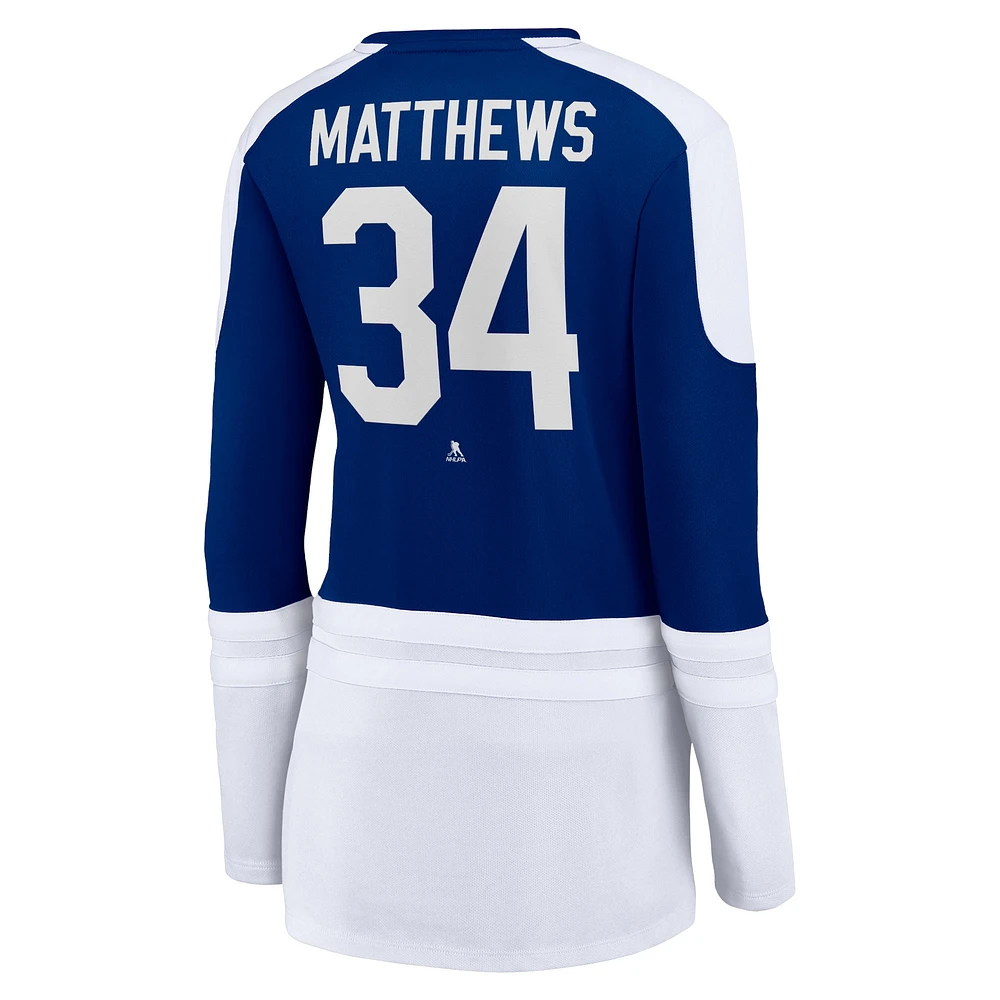 T-shirt à manches longues et col cranté Power Player bleu/blanc Auston Matthews pour femme des Maple Leafs de Toronto