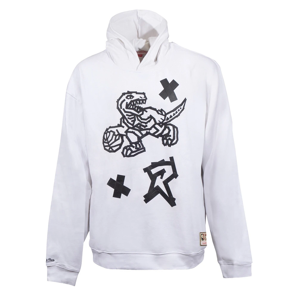 Unisex Mitchell & Ness White Toronto Raptors Hardwood Classics Tape Oversized Pullover Hoodie