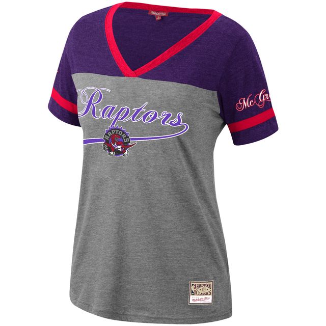T-shirt à col en V du capitaine de l'équipe des Raptors Toronto Mitchell & Ness Tracy McGrady Heathered Charcoal pour femmes