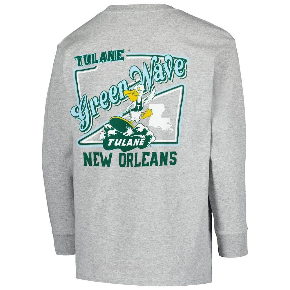 Youth Gray Tulane Green Wave Retro Script Long Sleeve T-Shirt