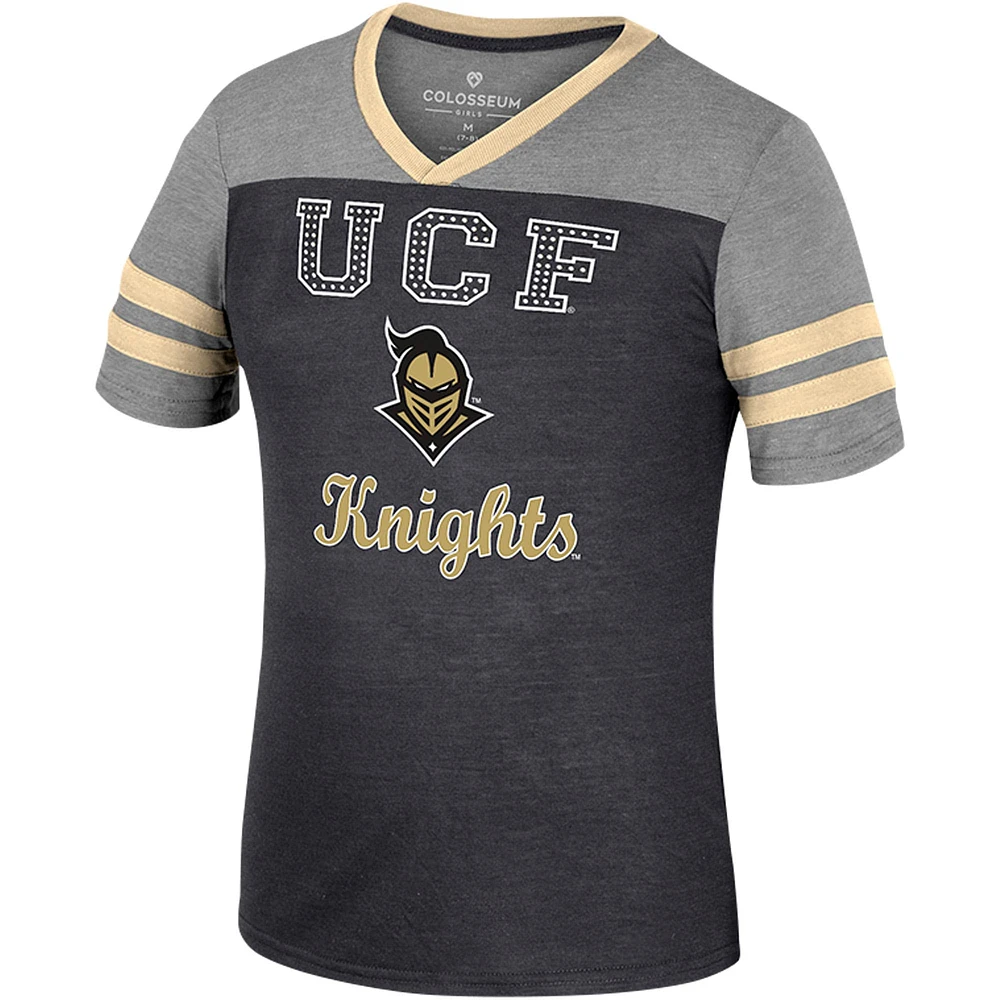 T-shirt d'été rayé à col en V pour filles Colosseum noir/gris chiné UCF Knights