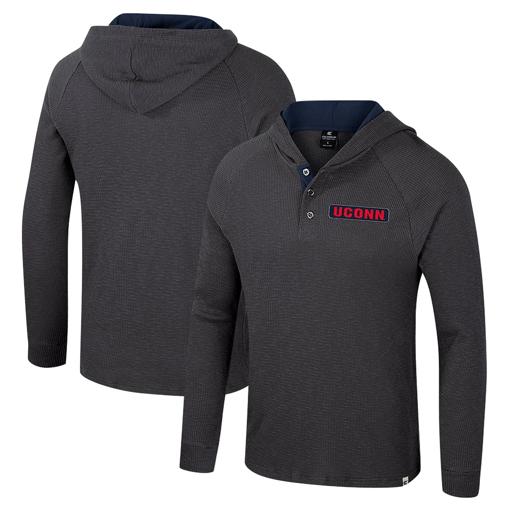 T-shirt à capuche manches longues Henley Dujour Ralgan pour homme Colosseum Charcoal UConn Huskies