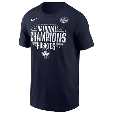T-shirt Nike bleu marine pour homme des Huskies de l'UConn, champions nationaux basketball féminin la NCAA 2025, vestiaire