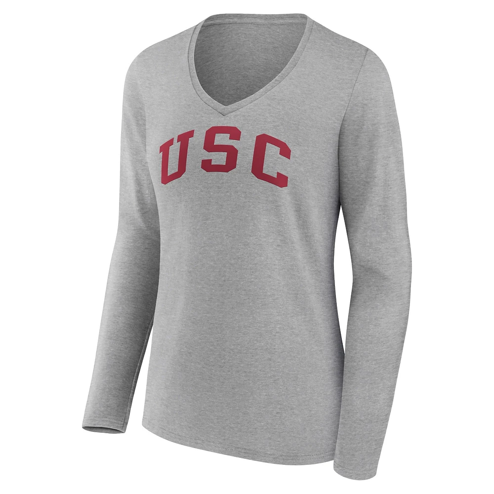 Women's Fanatics Heather Gray USC Trojans Basic Arch Long Sleeve V-Neck T-Shirt